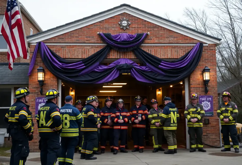 Firehouse honoring Firefighter Patrick Brady with bunting.