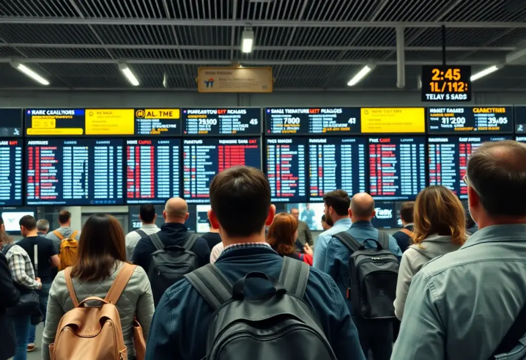 Crowded airport with cancellation notices on display.