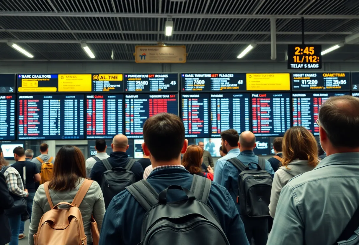 Crowded airport with cancellation notices on display.