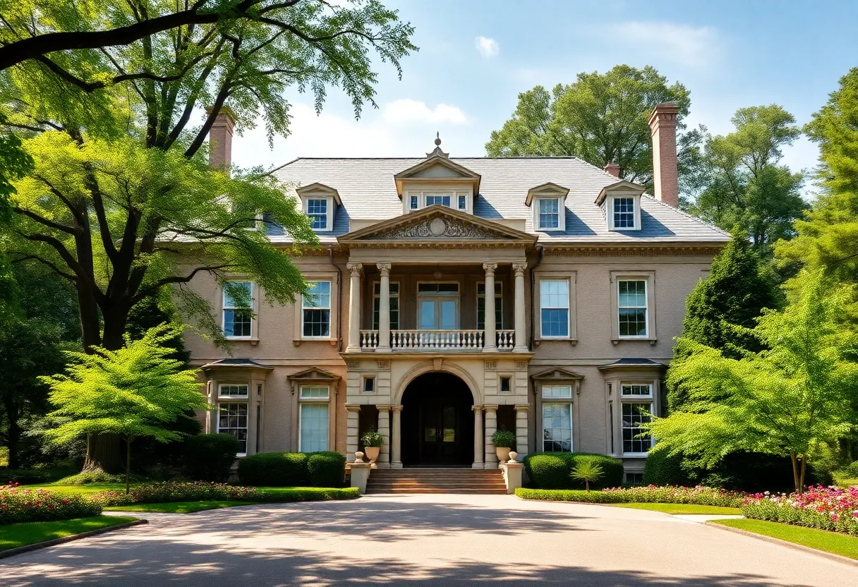 Exterior view of Gracie Mansion surrounded by green gardens