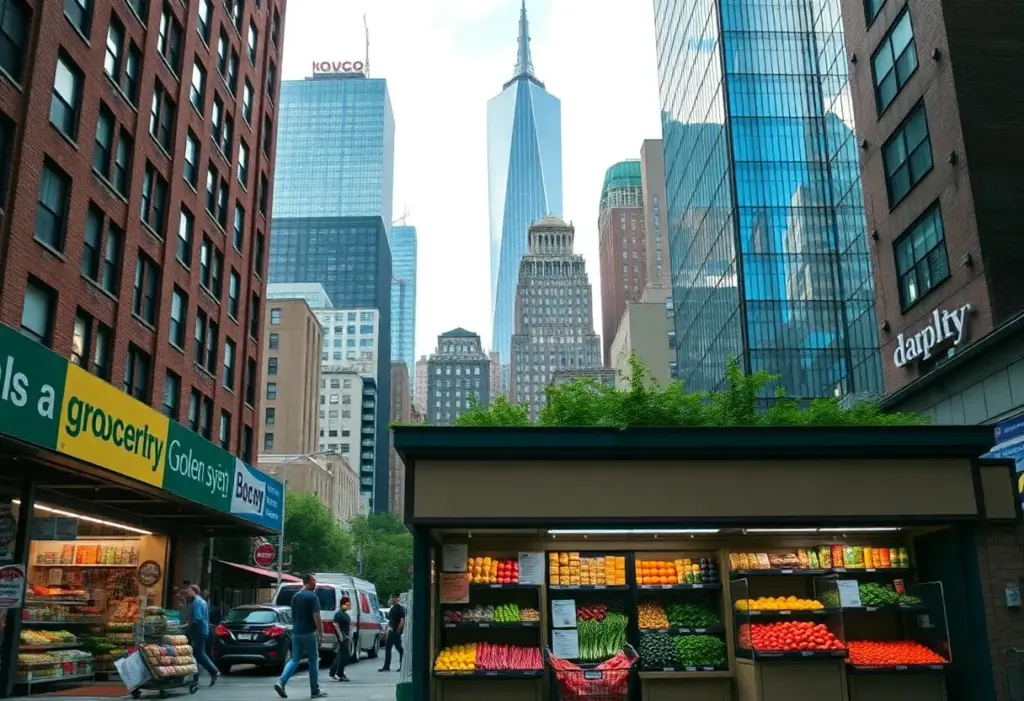 New York City grocery store with skyline in background