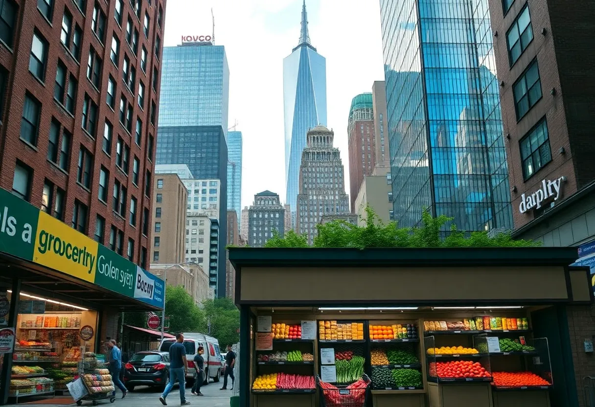 New York City grocery store with skyline in background