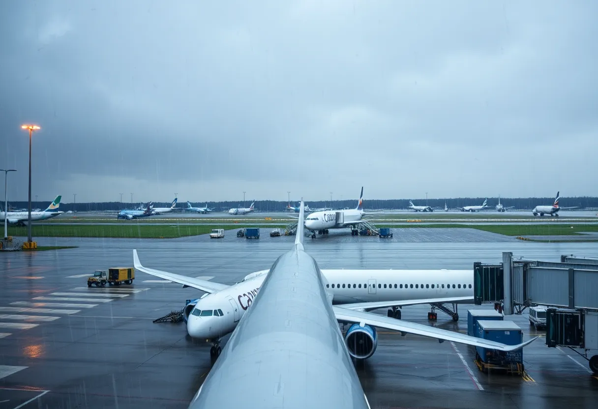 Airplanes grounded at a New York City airport during severe weather conditions with rain and storm clouds