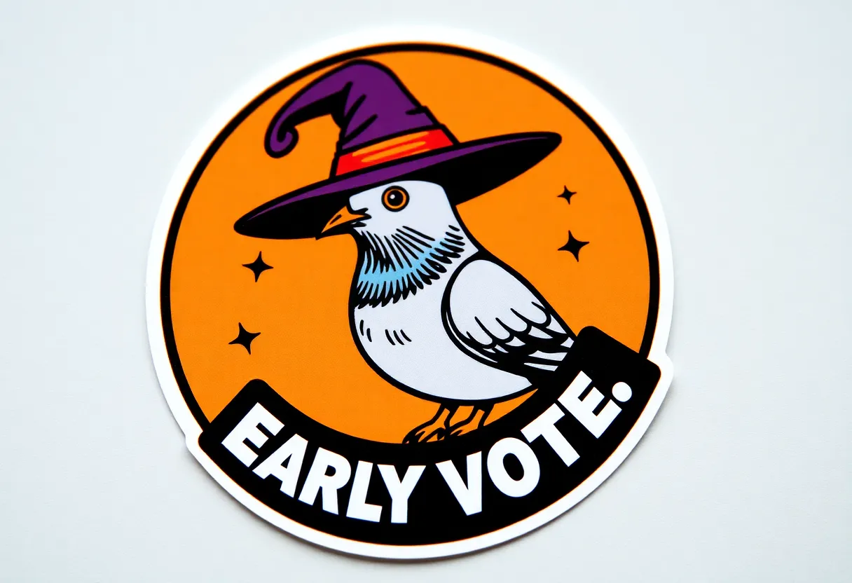 Halloween-themed early voting sticker with a pigeon in a witch hat