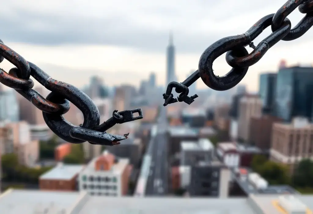 Artistic representation of the dangers of hate crime with broken chains and a cityscape background