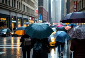 People walking in New York City under umbrellas during heavy rain