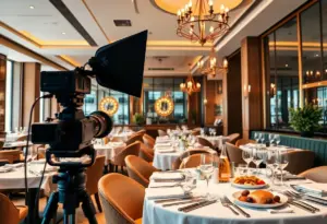 A luxurious restaurant interior with elegantly set tables and a camera setup.