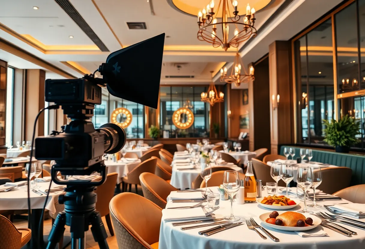 A luxurious restaurant interior with elegantly set tables and a camera setup.