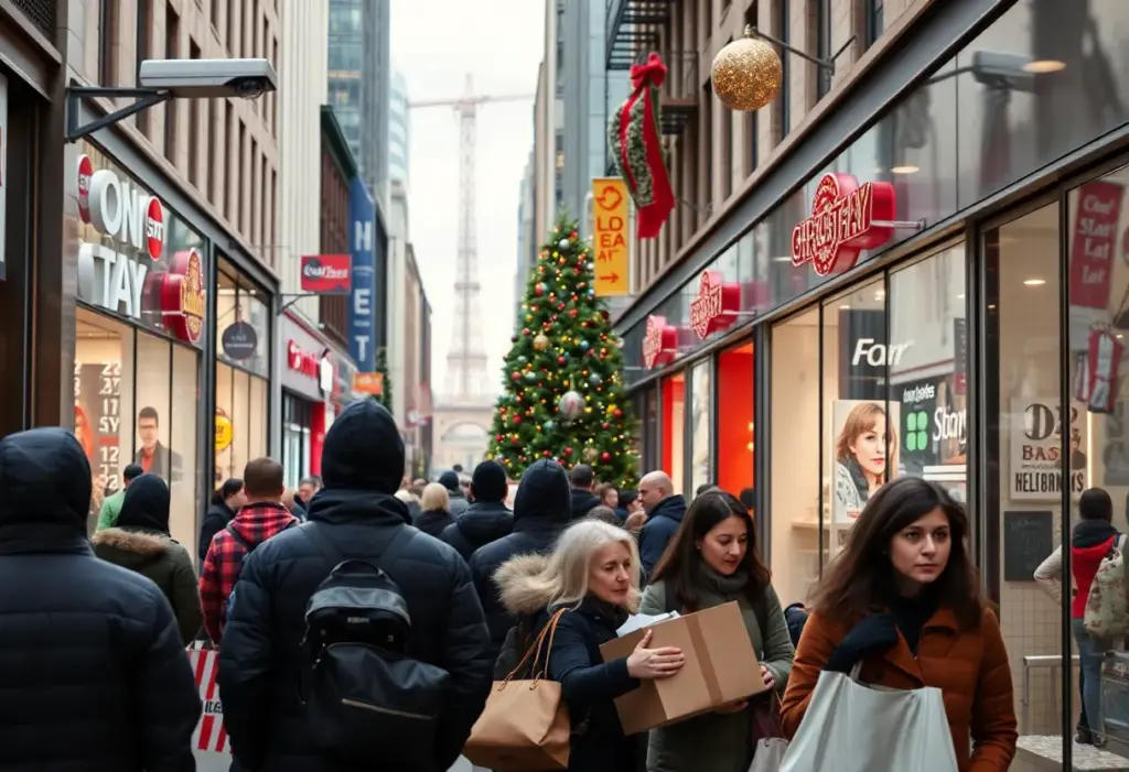 Shoppers in New York City during the holiday season with visible security measures