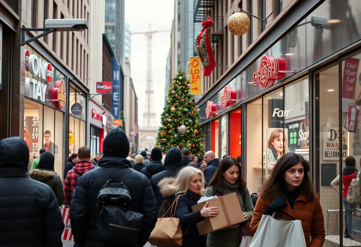 Shoppers in New York City during the holiday season with visible security measures