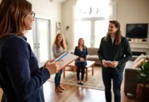 First-time home buyer asking questions at an open house in New York, NY.