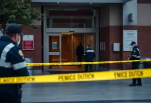 Police at the entrance of Montefiore St. Luke's Cornwall Hospital after a shooting incident.