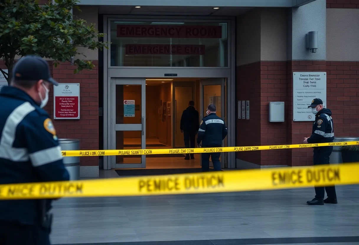 Police at the entrance of Montefiore St. Luke's Cornwall Hospital after a shooting incident.