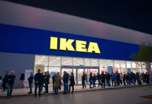 Exterior view of IKEA store with people waiting in line for the grand opening.