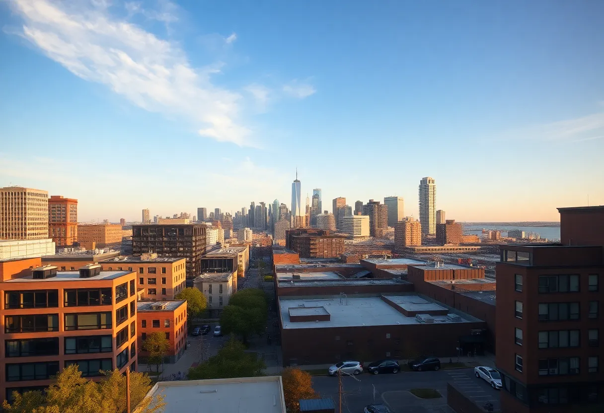Skyline of Jersey City showcasing modern architecture.
