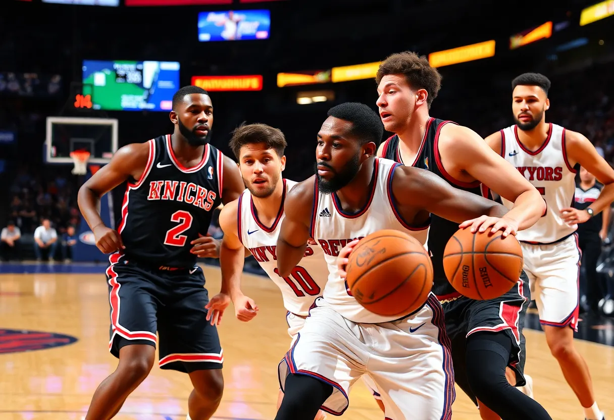 New York Knicks players in action against Miami Heat