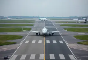 Airport taxiway with planes during busy traffic