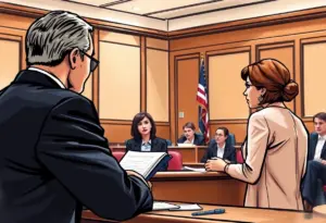 Courtroom scene depicting a trial involving legal professionals