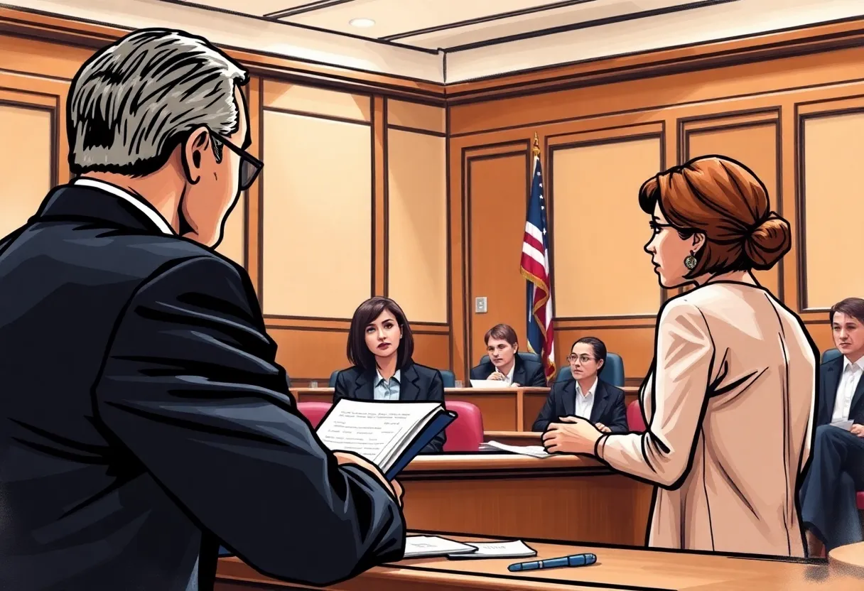 Courtroom scene depicting a trial involving legal professionals