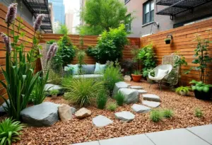 A serene low-maintenance garden in New York City showcasing native plants and hardscaping.