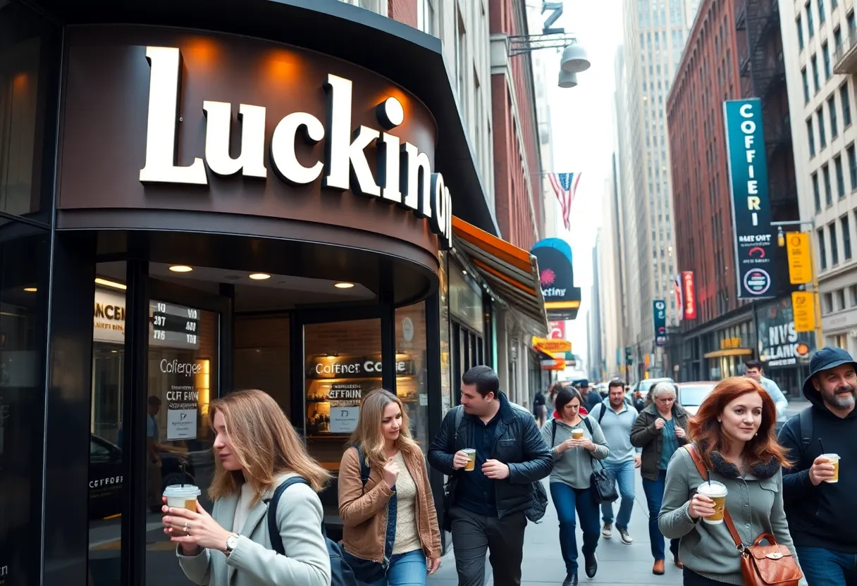 Exterior of Luckin Coffee with pedestrians in New York City