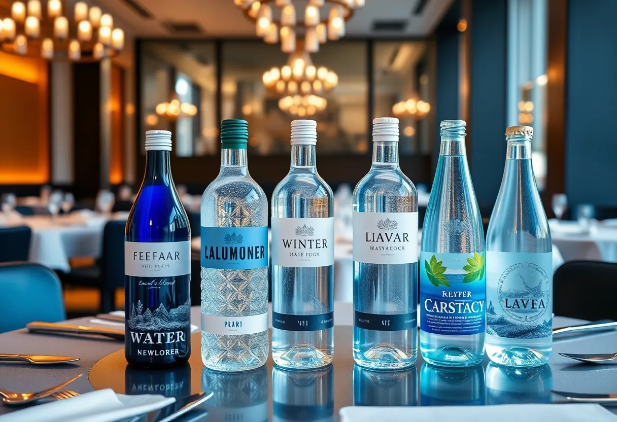 A beautifully arranged assortment of luxury bottled water brands in a fine dining setting.