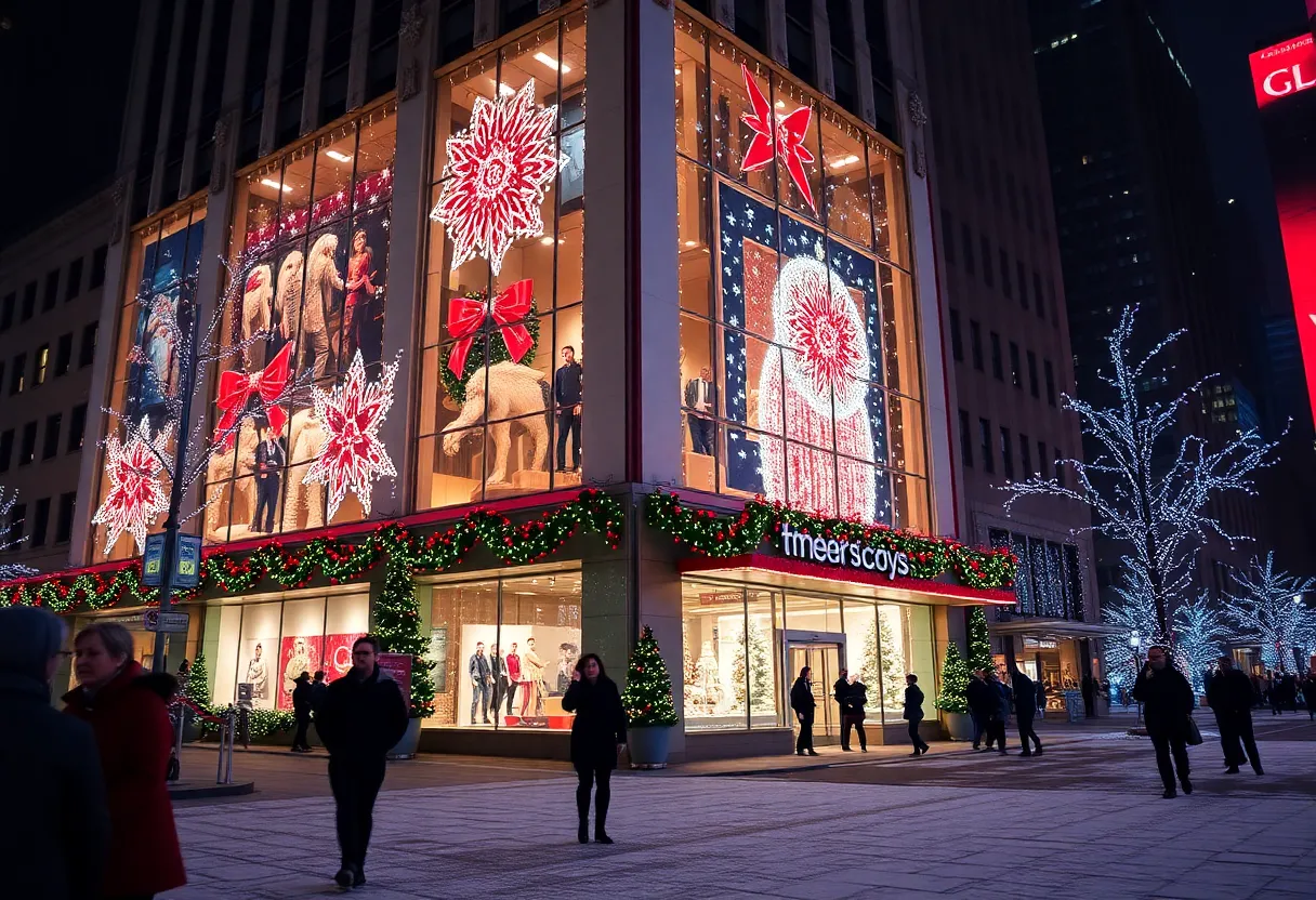 Holiday window display at Macy's Herald Square featuring festive decorations and lights.