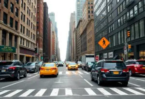 Scene of a crowded Manhattan street with pedestrians and traffic.