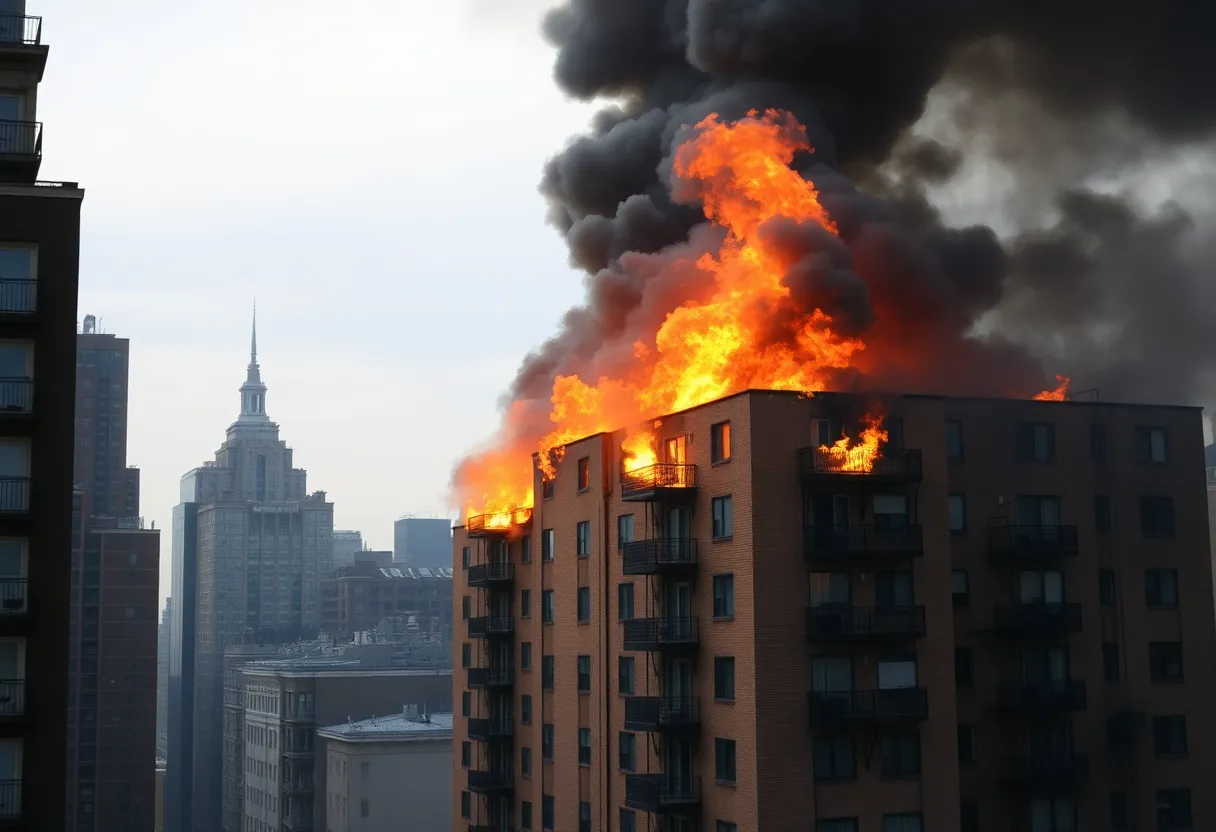 Fire engulfing a Manhattan apartment building with smoke rising into the sky.