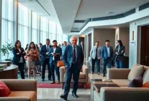 Guests in a hotel lobby facing disruptions due to Marriott's termination of partnership with Sonder