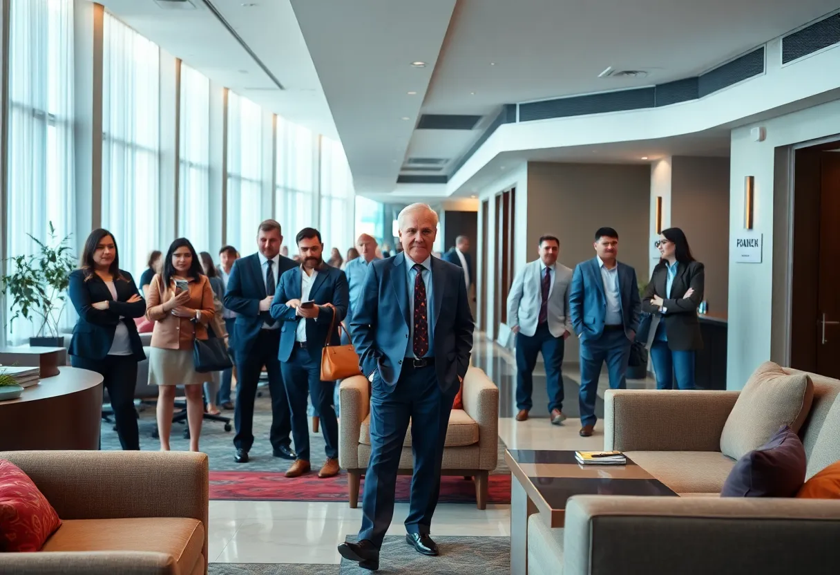 Guests in a hotel lobby facing disruptions due to Marriott's termination of partnership with Sonder