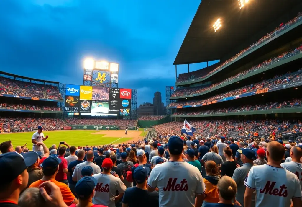 A packed baseball stadium during the offseason with enthusiastic fans supporting the New York Mets.