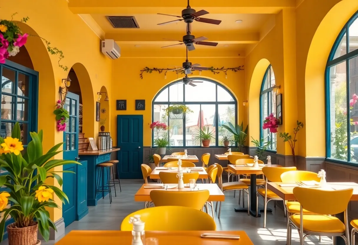 A beautifully decorated Mediterranean restaurant interior featuring floral and sunny yellow accents.