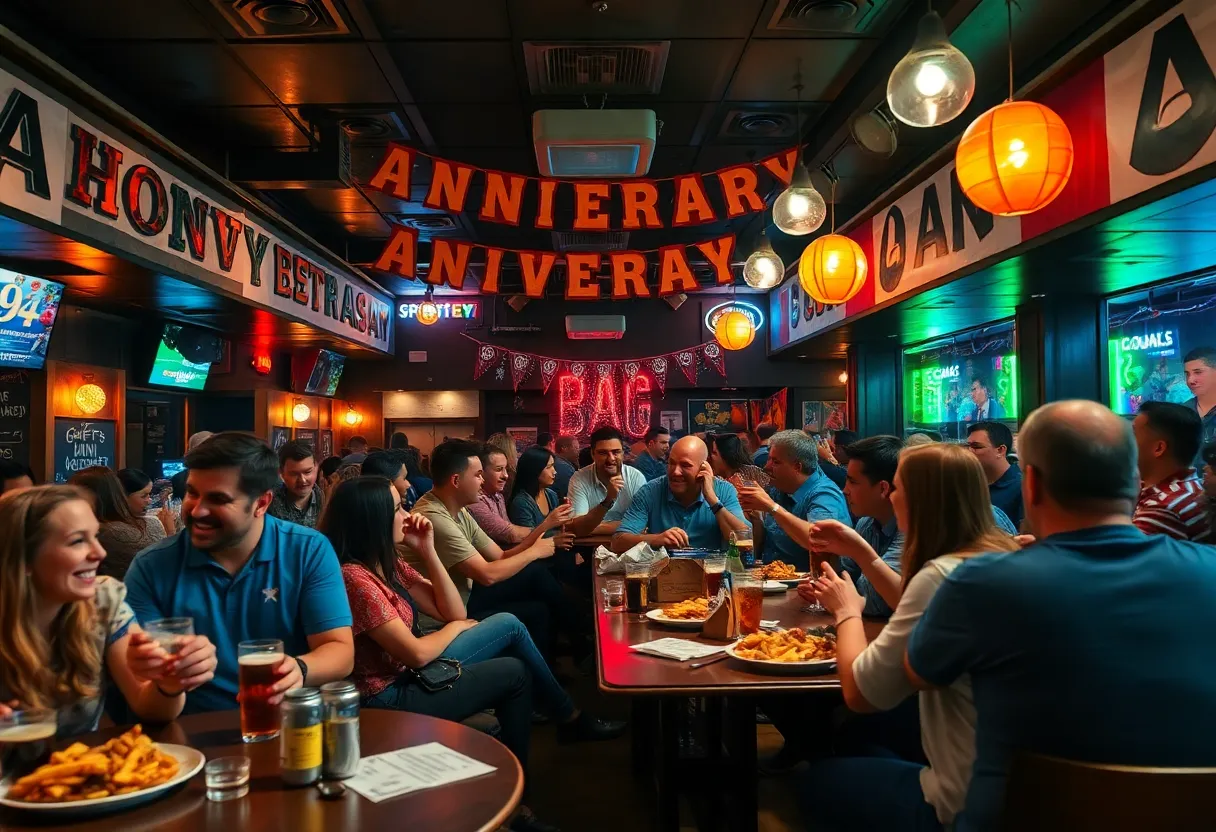 Celebration at Mustang Harry's sports bar with happy patrons and decorations.