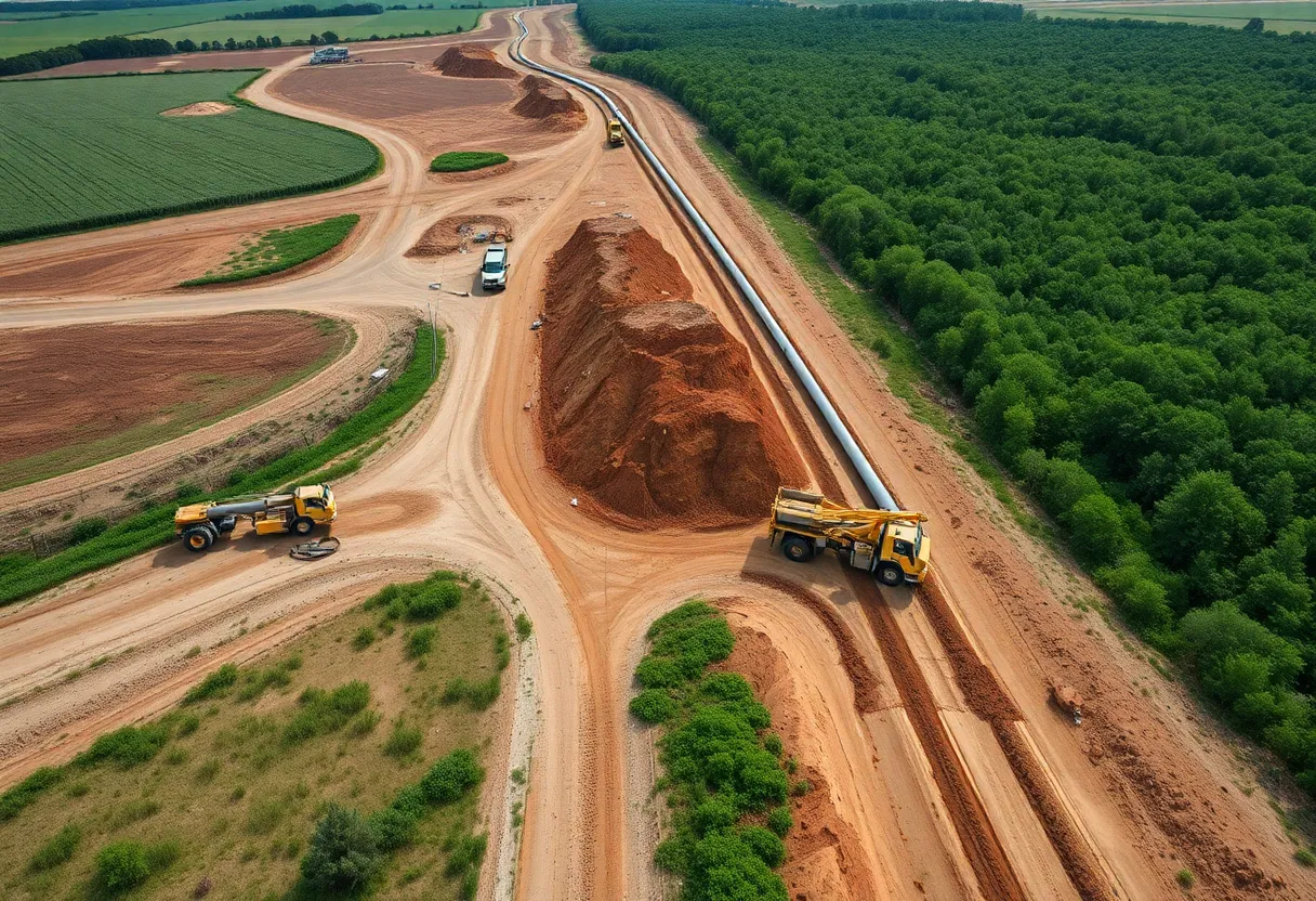 Construction site of the NESE pipeline with machinery and cleared land.