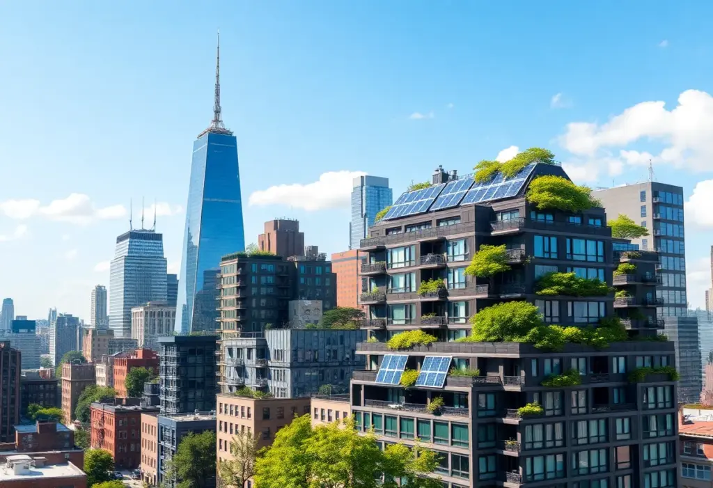 Modern buildings in New York City showcasing sustainable construction practices.