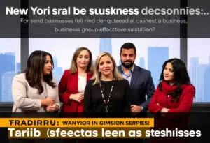 Business owners discussing concerns about tariffs in New York City