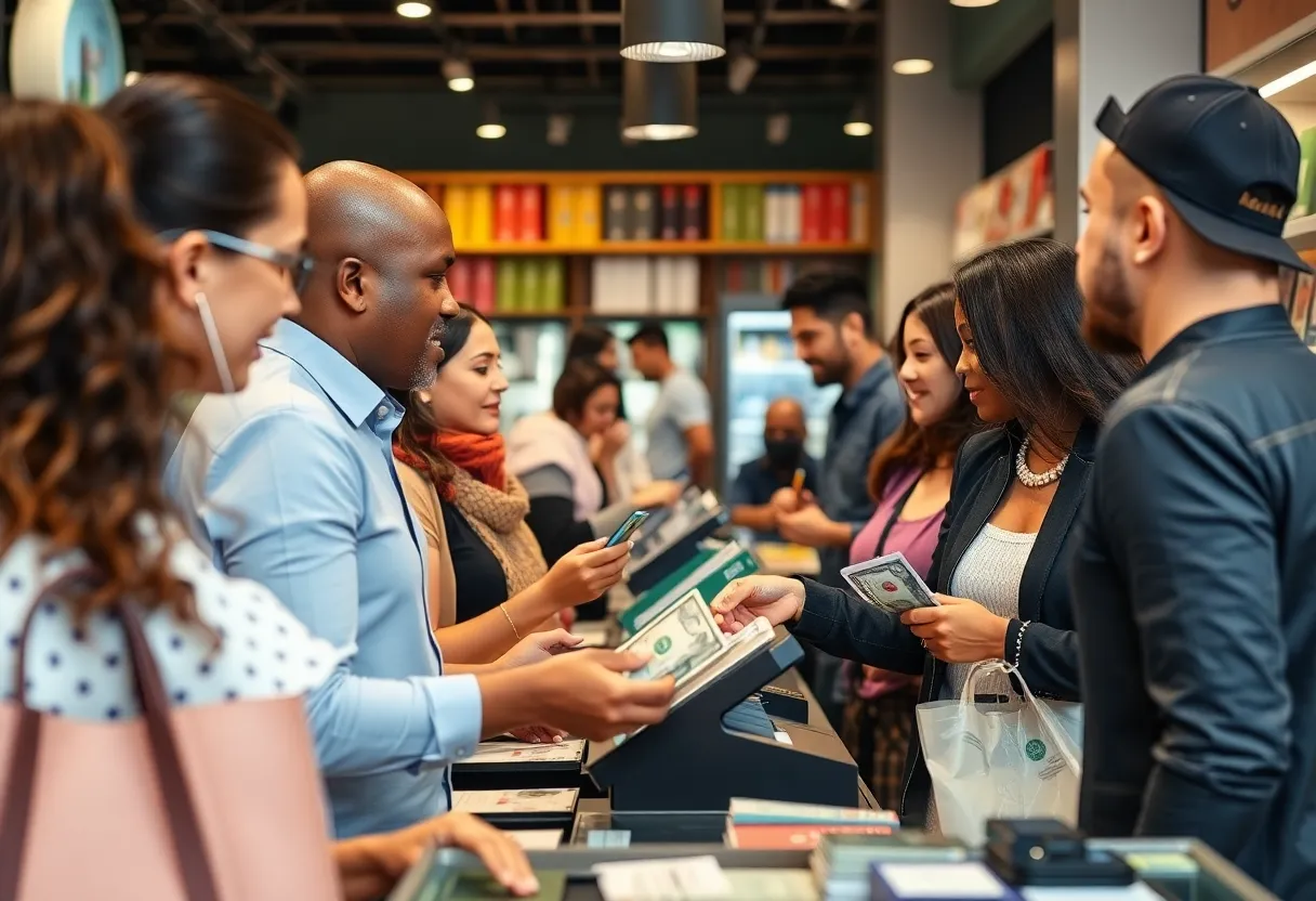 Customers paying with cash in a New York retail store