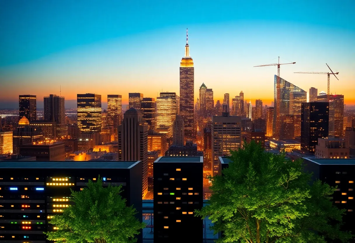 NYC skyline with data centers and energy consumption visual