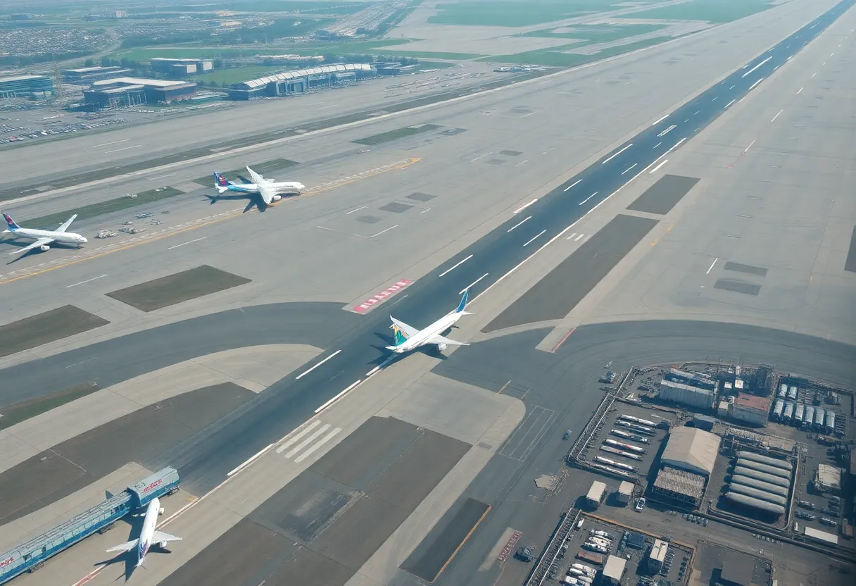 Aerial view of New York City airports, featuring runways and planes.