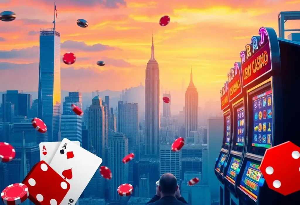 A vibrant skyline of New York City with casino elements.
