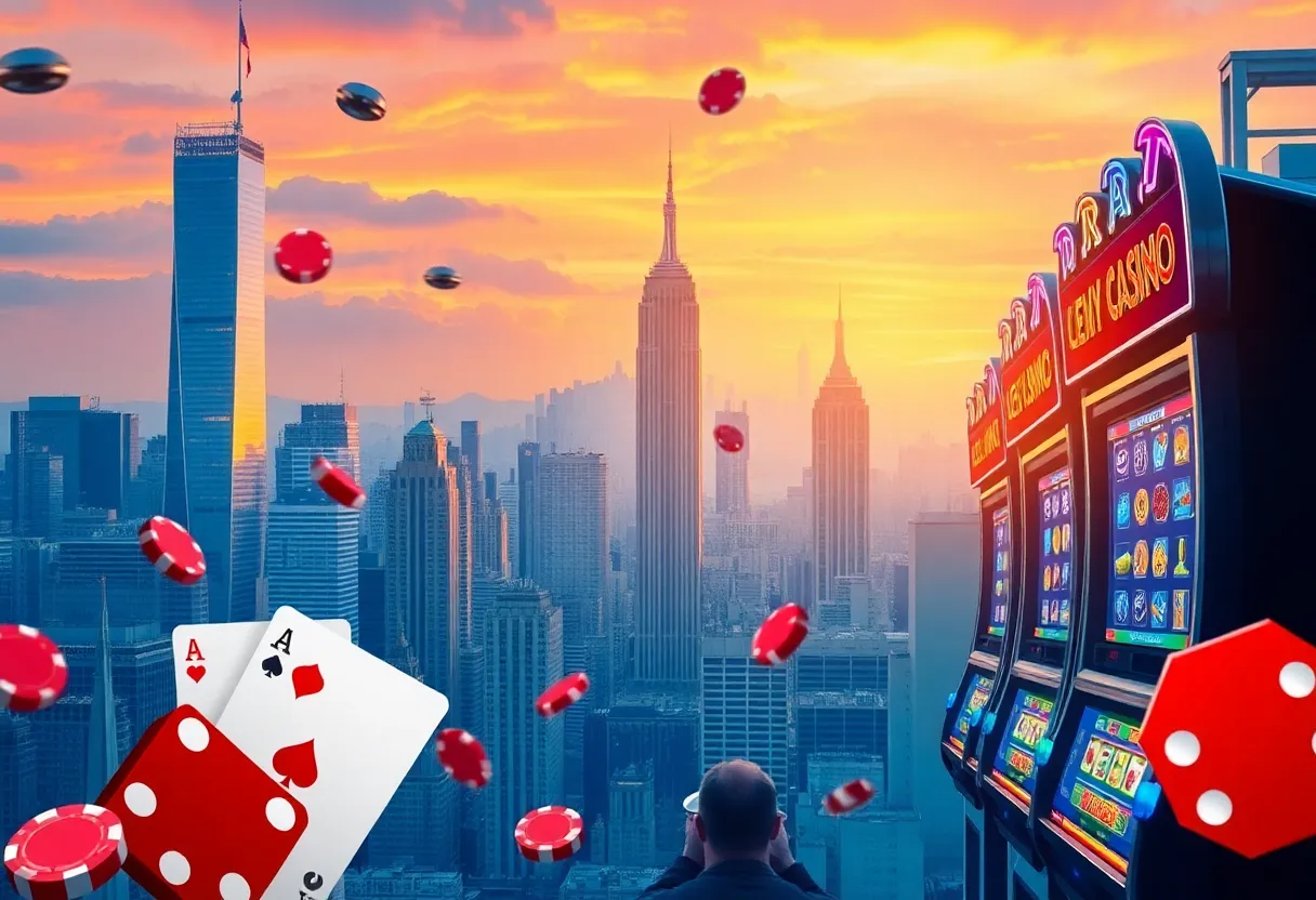 A vibrant skyline of New York City with casino elements.
