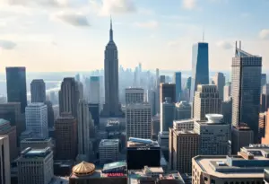 New York City skyline with casino symbols representing competition.