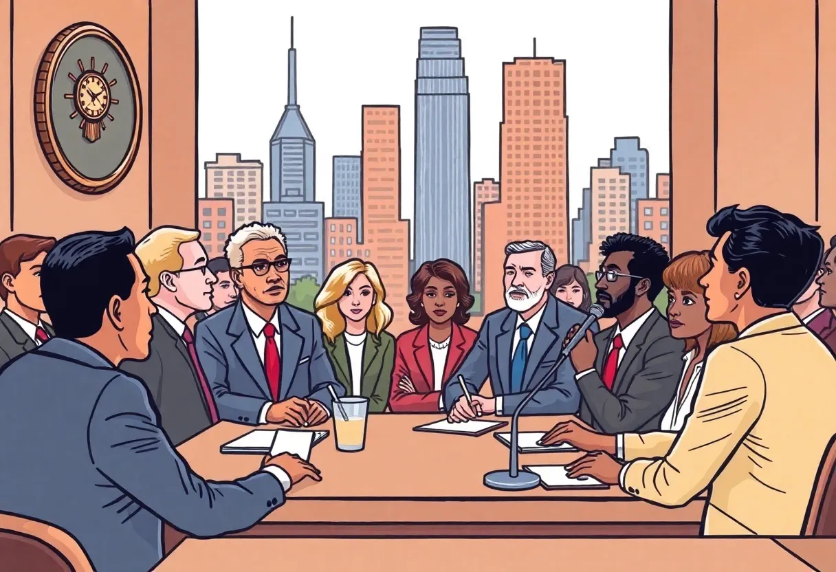 Illustration of New York City Council members engaging in discussion during a meeting.