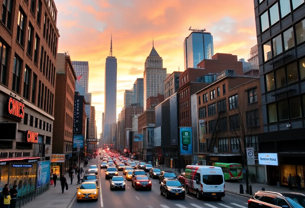 A busy New York City street showcasing local businesses and the skyline.