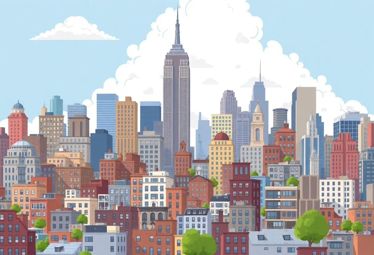 Skyline of New York City depicting various housing developments