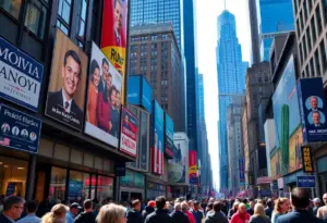 View of New York City skyline with campaign posters for mayoral candidates