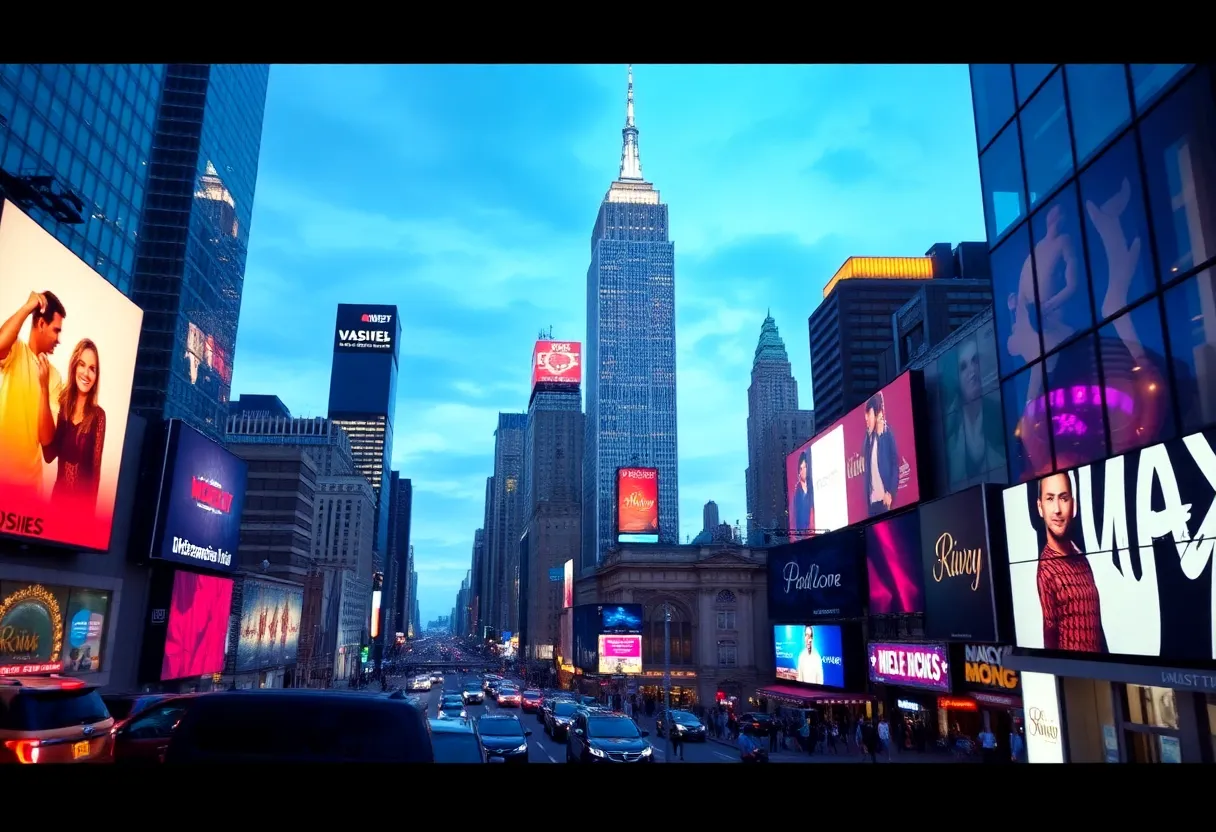 Cityscape of New York City featuring musical themes.
