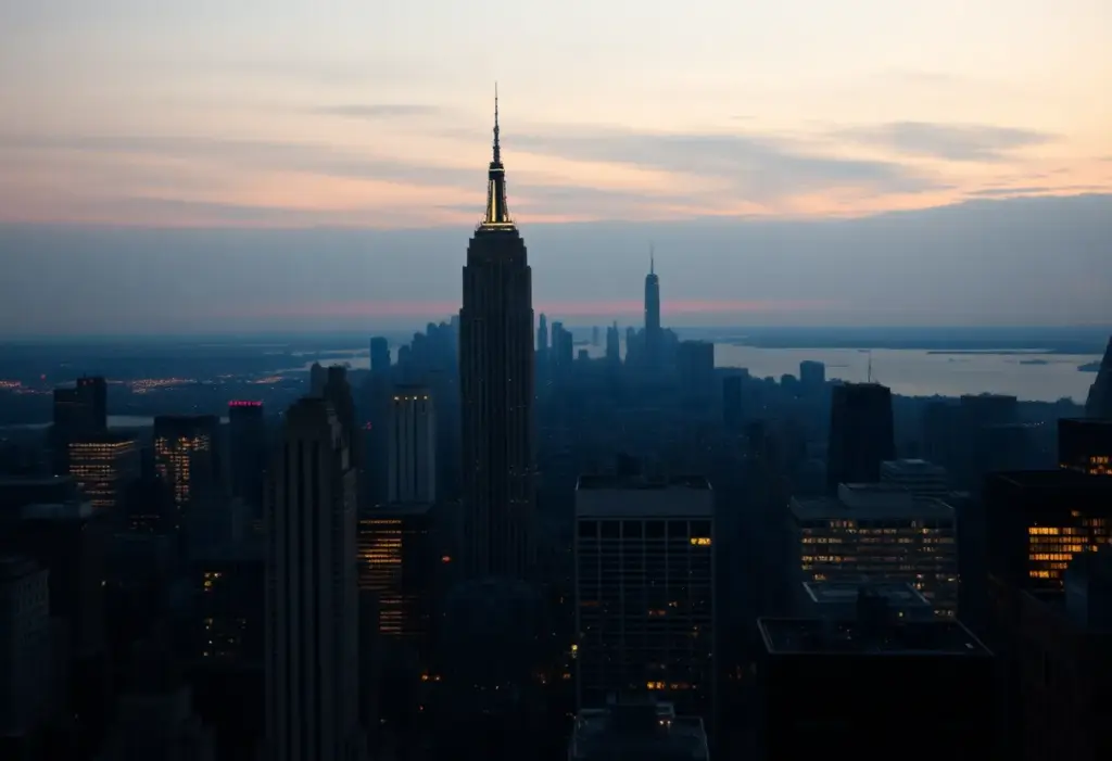 A view of the New York City skyline during dusk.