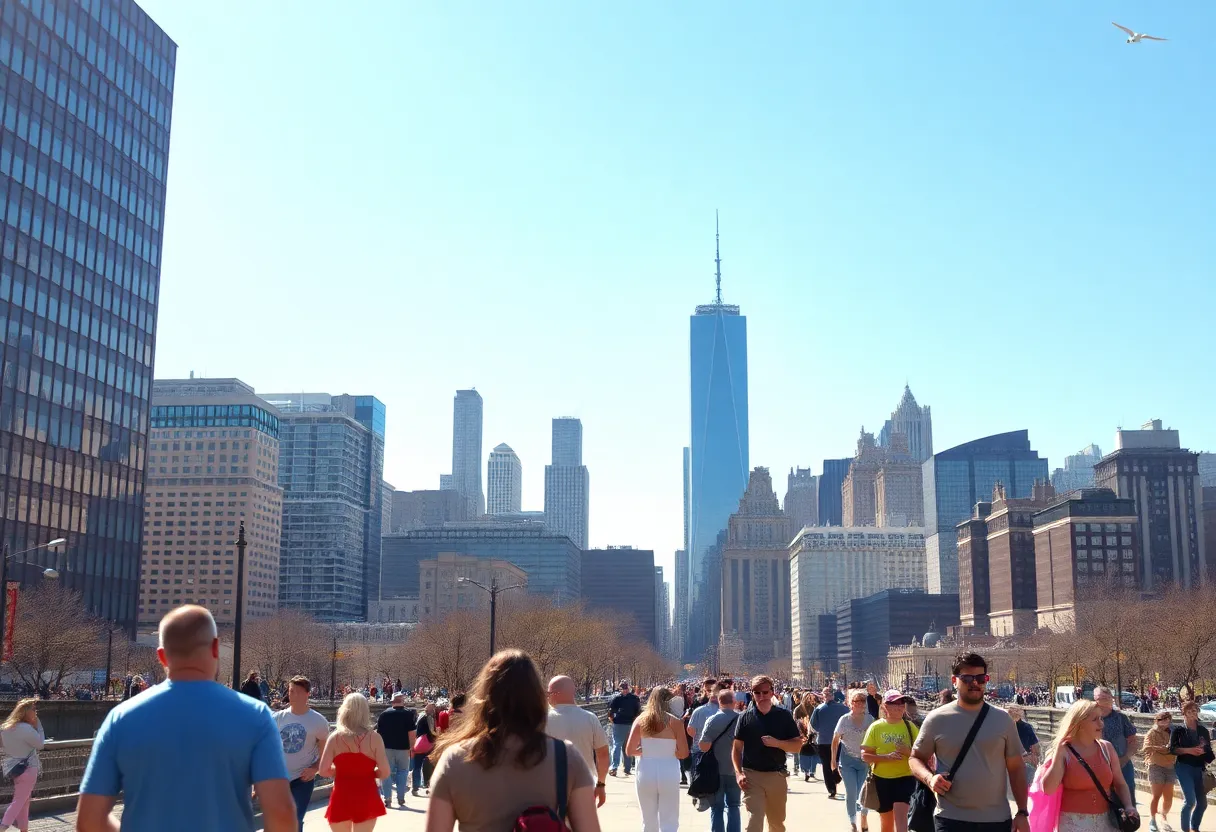 Clear skies over New York City with people outdoors